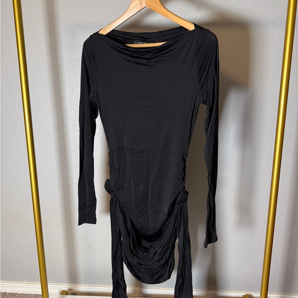 Lioness Glory Black Long Sleeve Draped Ruched Bodycon Dress